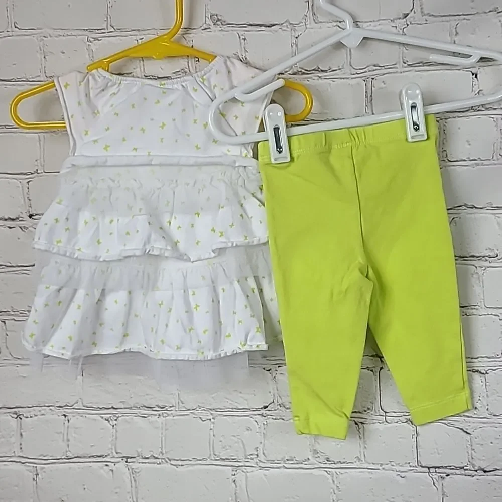 Carter's Baby Girl 3M Lime Green Butterfly Tulle Ruffled Top & Pants 2pc Outfit